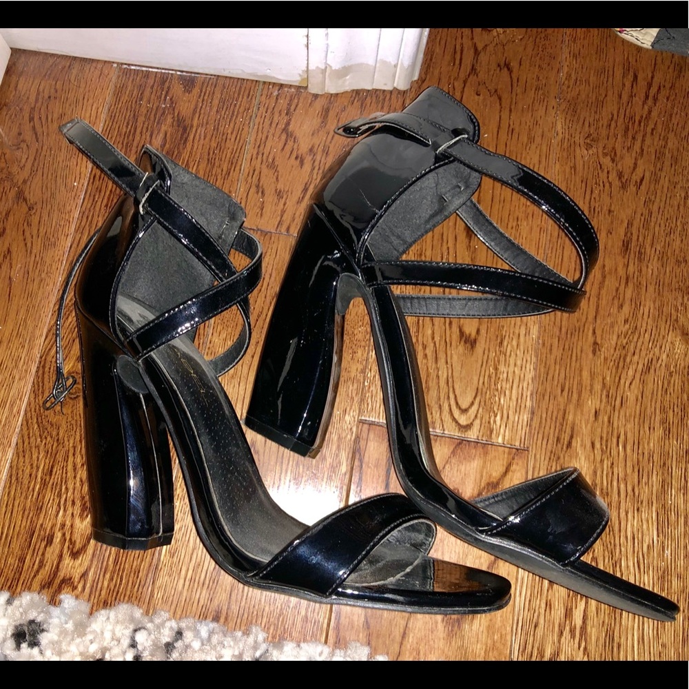 C.Label Black Patent ankle strap sandal heels